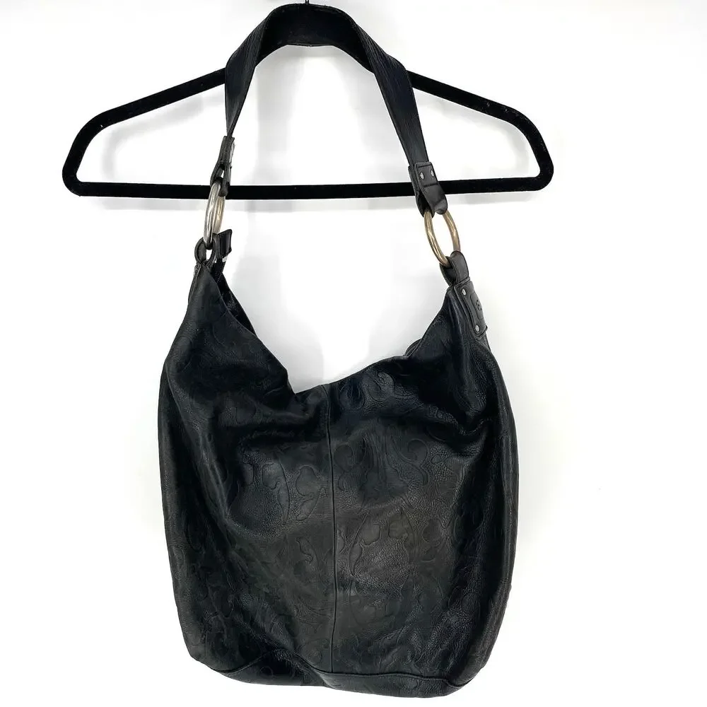 Ellington Black Embossed Leather Hobo Shoulder Bag Slouch Purse Boho Large